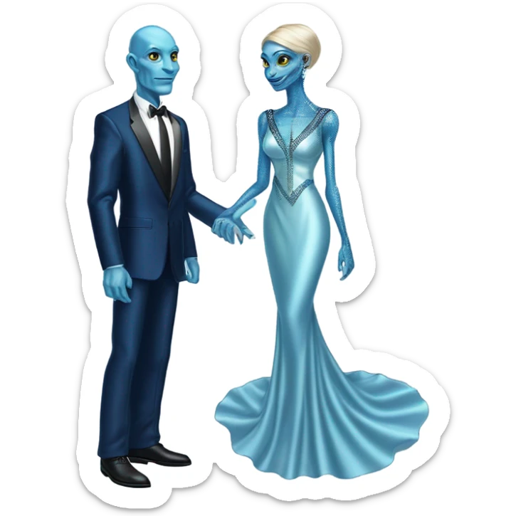 reptilian alien woman, in long slim pastel blue formal party satin dress with gradient shiny sparkling navy blue diamonds embroidered , and caucasian man in black dress sticker