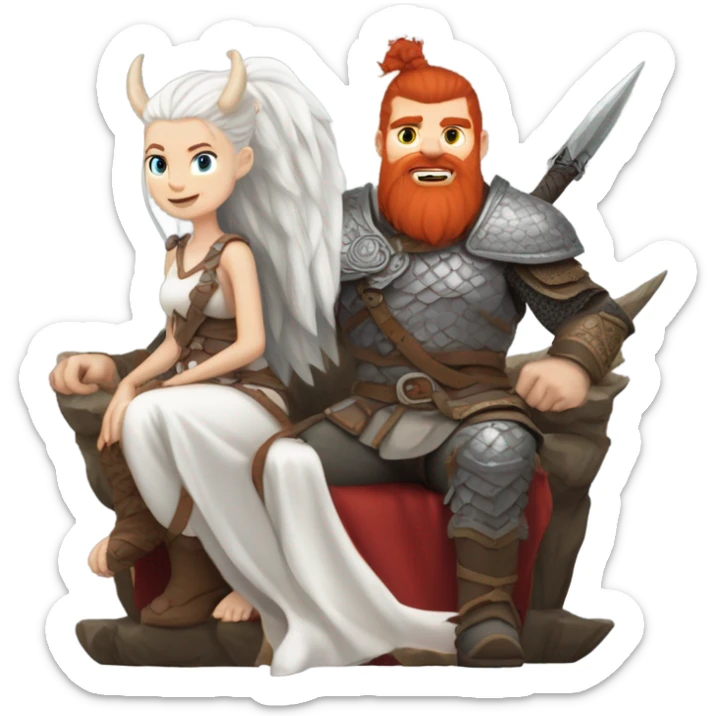  White Viking red head pale skin beautiful dragon  queen with a Viking solder with a gray man bun built white solder on a dragon  sticker