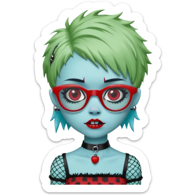 Ghoulia yelps monster high doll in scene/emo style cherry print dress with fishnet sleeves, clothes, thin, small, red, rectangle glasses, pale white-blue skin, pale-green shaggy short hair , zombie scars , boy, punk choker sticker