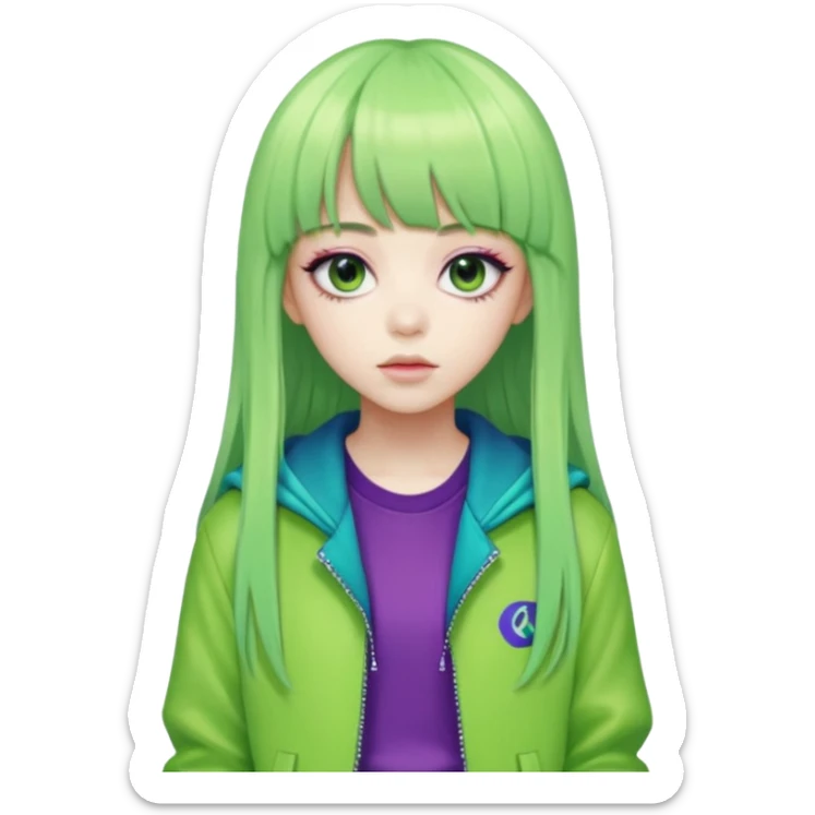  portrait-of-a-green alien-k-pop-idol,-wearing-a-stylish-streetwear-outfit-with-layered-colorful-clothing,-long-hair-with-bangs,-makeup,- sticker
