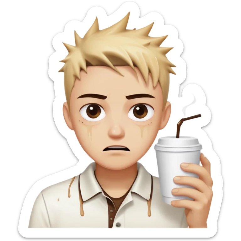 Hair: Wet-look gelled spikes from rushed morning Face: Wide double eyelids frozen in horror Clothes: Coffee-stained white polo, crooked name tag Action: Grabbing napkins as brown liquid soaks reports sticker