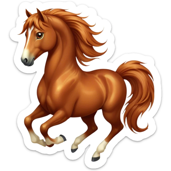 Cinematic Elegant Chestnut Horse Portrait Emoji, Head held high with a serene, graceful gaze, showcasing a magnificent chestnut fur with a radiant shimmer, flowing mane and tail, and luminous amber eyes that exude beauty and grace, Simplified yet majestically refined features, highly detailed, glowing with a soft, ethereal light, high shine, poised and breathtaking, stylized with an air of pure elegance, capturing the essence of a stunning and graceful steed, so beautiful it feels like it could gallop out of the screen with effortless charm! sticker