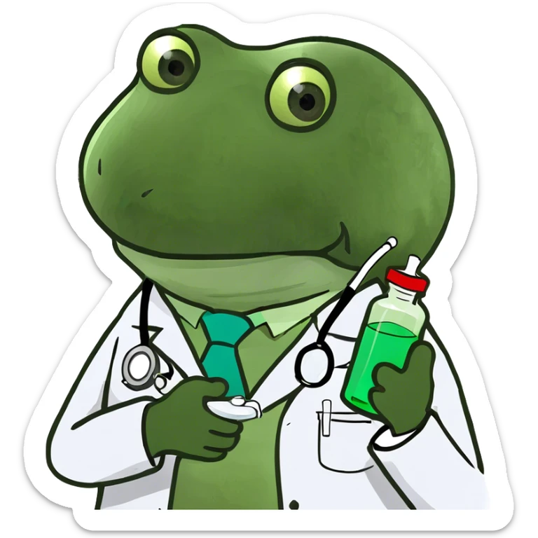 bufo doctor holding a green medicine, full doctor outfit sticker
