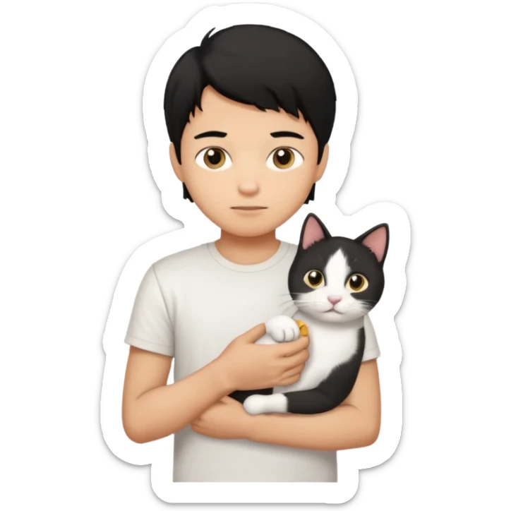 generate a pretty bratz emoji of a boy with black hair wearing a white tshirt and holding a cat  sticker