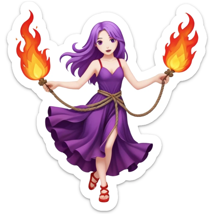 Full body two rope on fire dance performer pale skin with long purple hair red dress sticker