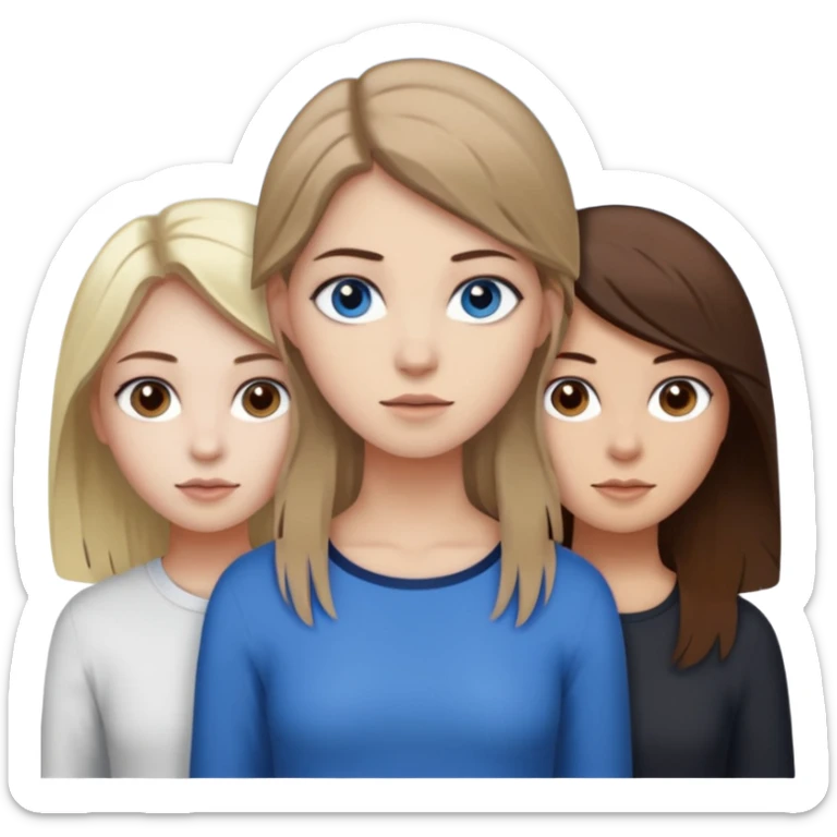 a trio of people where one girl in the back has white skin, brown hair, and brown eyes; another girl in the back has white skin, dirty blonde hair, and blue eyes; and the girl in the front has tan skin, dark brown hair and dark brown eyes. sticker