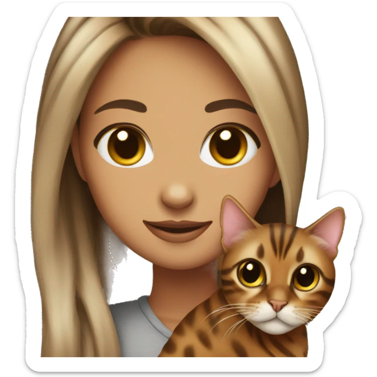 Beautiful woman long dark brown hair hug bengal cat sticker