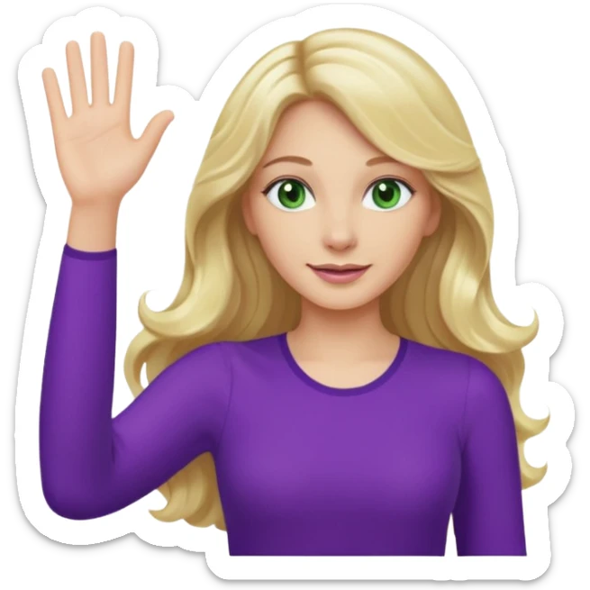 lady with long wavy blonde hair, purple top, green eyes, waving hello sticker