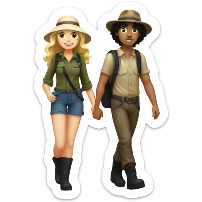 A short blonde long-haired girl in a hat and a black curly-haired boy in a hat and boots hike in the Canary Islands, boots are Caucasian  sticker