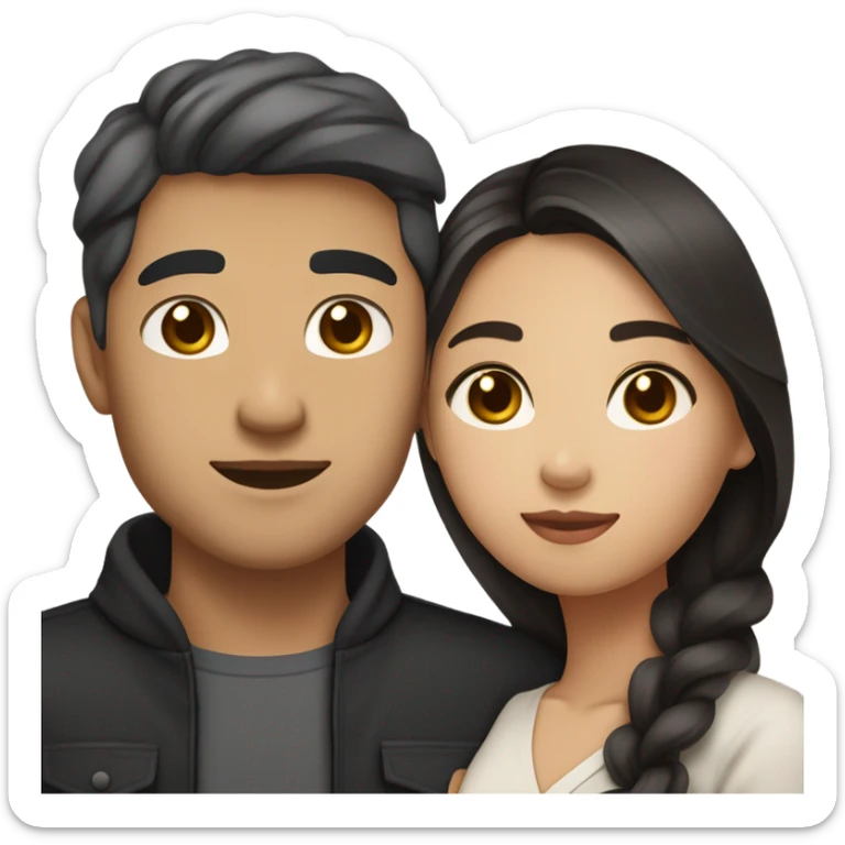 They are holding each other very tightly. A pale Asian man with short dark hair and amber eyes embracing and loving a half Asian woman with long wavy dark hair and dark hazel eyes. They love each other a lot And have good fashion taste. sticker