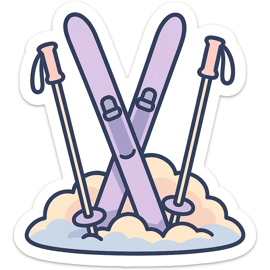 cross-country skis and poles on the sides, stuck at an angle into a snowdrift, snow piled up around the bases, detailed shading, thin clean outlines, soft rounded features, pastel palette #98B5BC #B5B3C1 #C9A3C9 #E4C0CA #F7DCD1 #F7C0AA, Japanese pop art, sticker look, highly detailed, vector clarity, soft lighting, subtle shadows, transparent background sticker