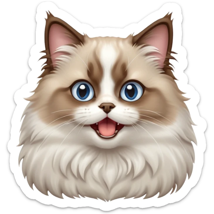 cinematic-adorable-big-eyed-fluffy-brown and white ragdoll-cat-portrait-emoji,-head-tilted-playfully-with-a-cute,-yawn,-soft-brown-and white-colored-fur-with-darker-points-on-the-ears,-simplified-yet-irresistibly-cute-features, sparkling blue eyes sticker