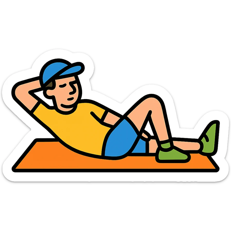 a sportsman lying on the yoga mat pretending to do streches but in fact he is not doing that
 sticker