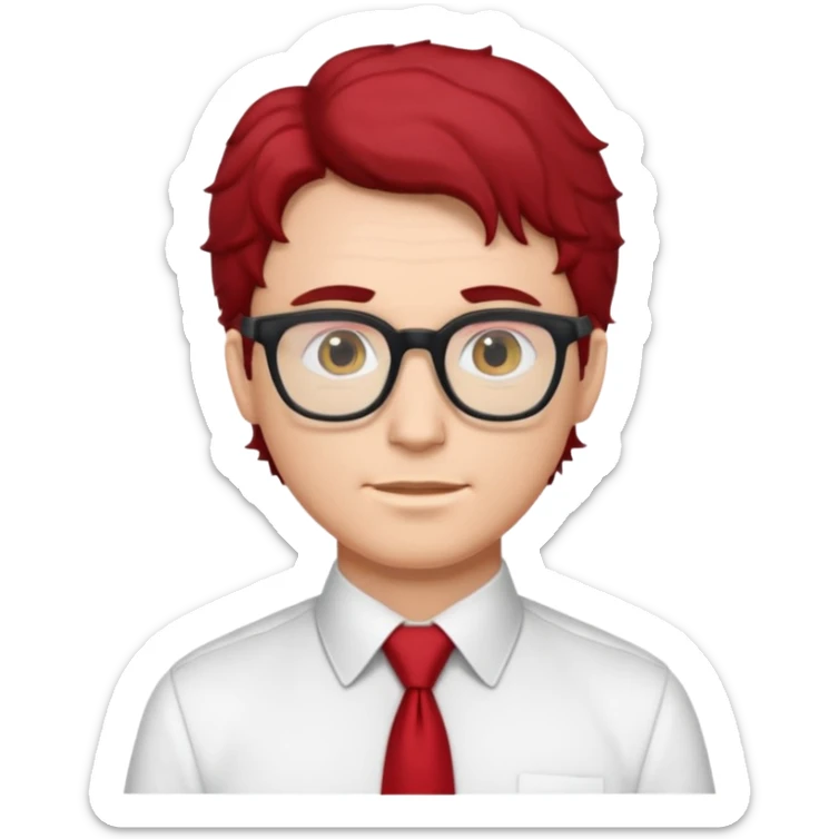 white man in white shirt, having red tie, black wavy hair, wearing glasses sticker