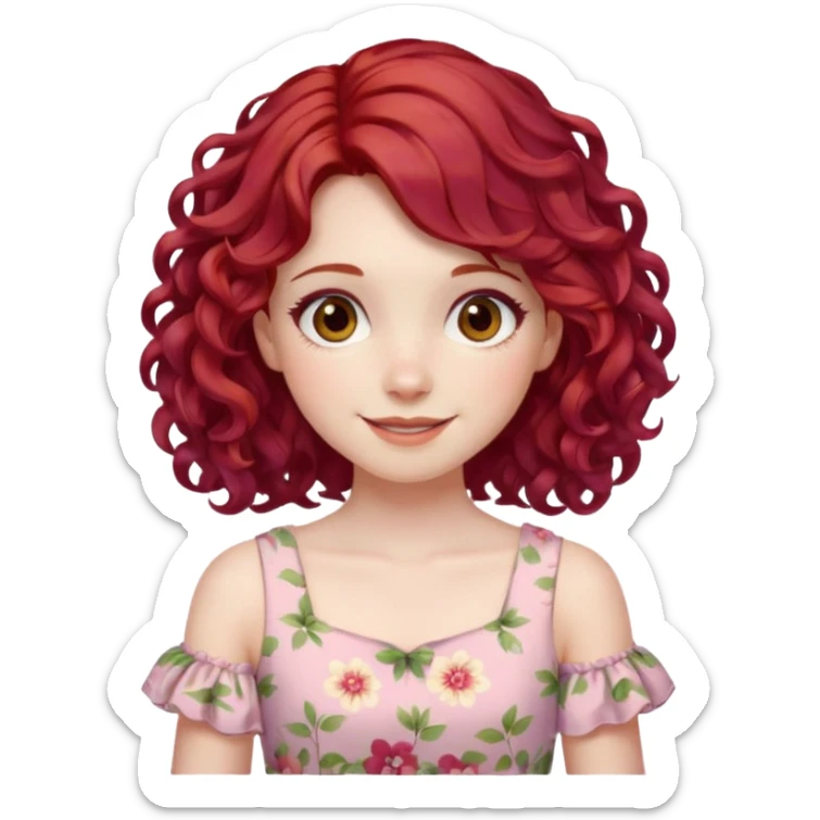girl with shoulder length curly cherry red hair with brown eyes and pale skin smiling. pastel dress sticker