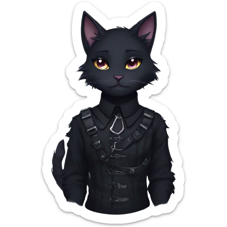 Gorgeous furry gothic dark techwear anime style anthro black cat furry sona with blushing face aesthetic and pretty edgy black with collar and harness trending style sticker