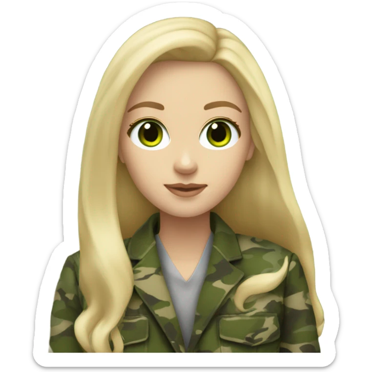White girl with Long blonde hair and green eyes, camouflage Wool oversize blazer sticker