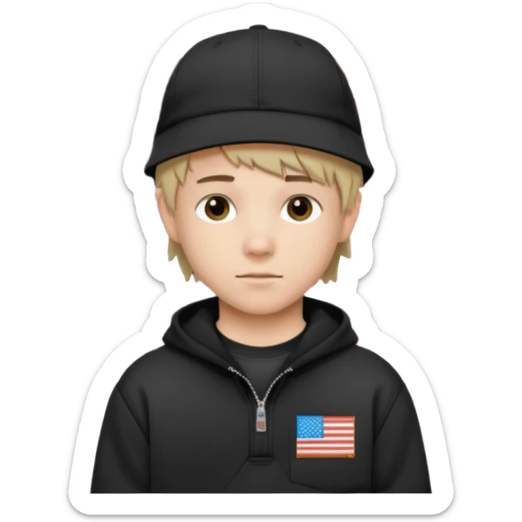 white  teen boy with short mullet haircut and black American flag flat bill hat at and wearing Carhartt sweatshirt sticker