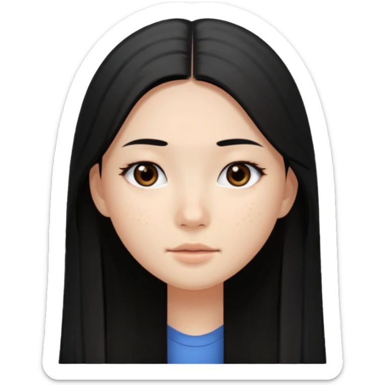 A white asian girl with long black straight hair and brown-black eyes. She has an oval face and acne on her cheeks. sticker