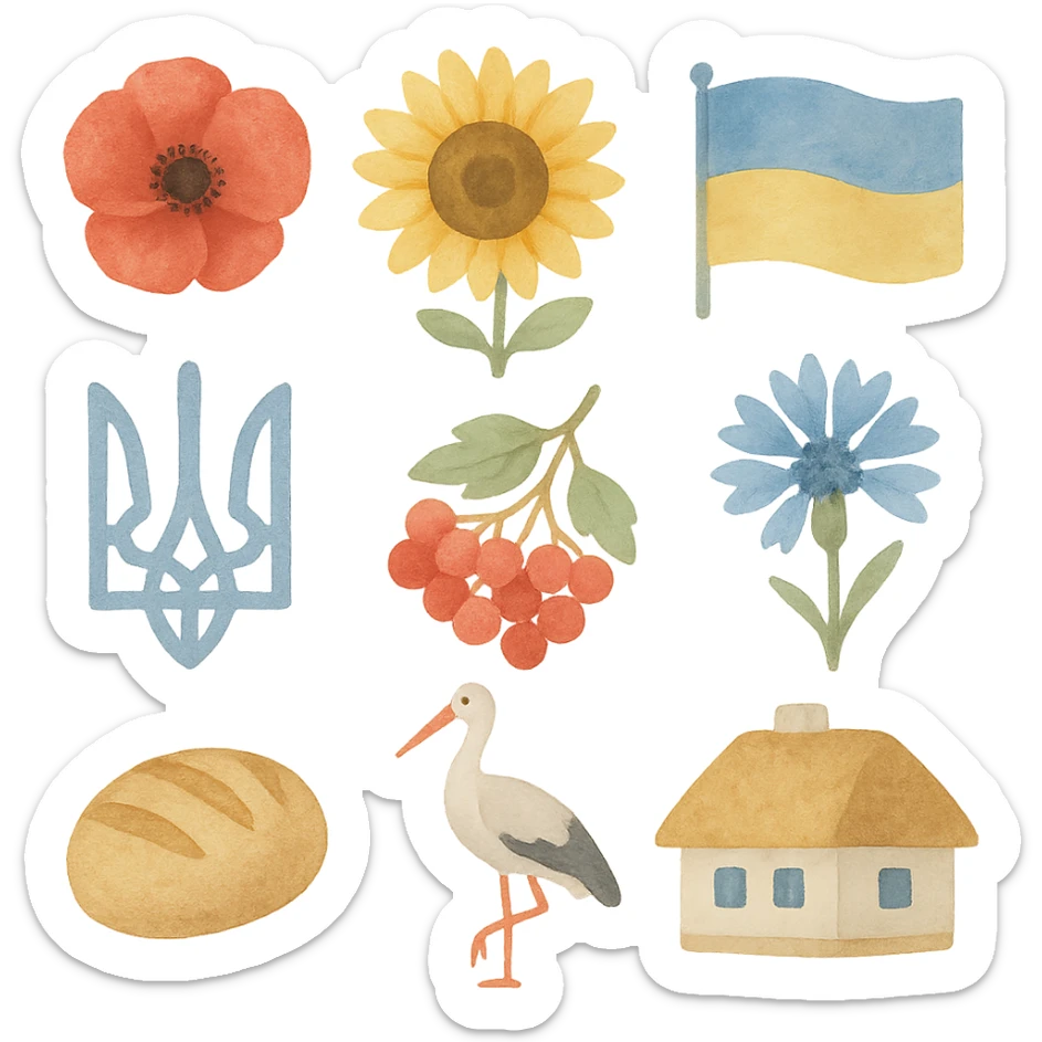 3D painted style icons: red poppy, sunflower, Ukrainian flag, trident, viburnum, cornflower, bread, stork, Ukrainian house. 2x3 grid, organic spacing, transparent background, artistic brush strokes, pastel colors, light graininess, uneven edges, handmade effect, camera angle 25°. sticker