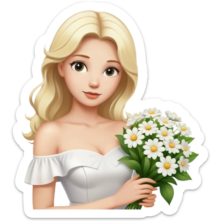 blonde woman in a white off-shoulder dress with a bouquet of white flowers sticker