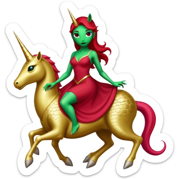 "reptilian green alien woman" in "long slim dark red dress", rides, "unicorn gold and white"
 sticker
