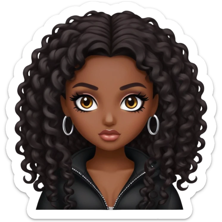  long curly dark hair, dark skin skin, dark brown eyes, pretty bratz baddie, black eyeliner sticker