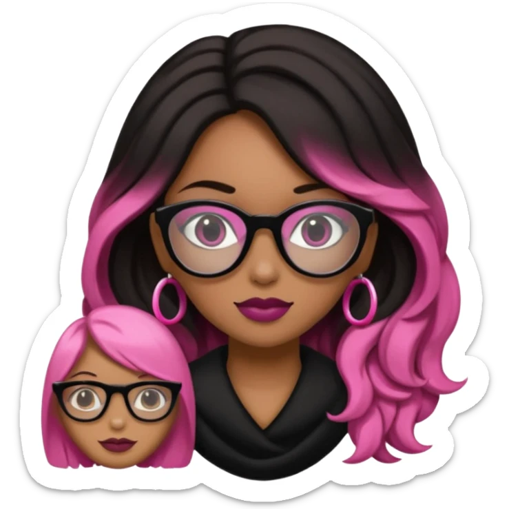 Una chica con pelo negro y lentes rosados, con una impresora negra y dos perras, la primera de color marron y la otra negra sticker