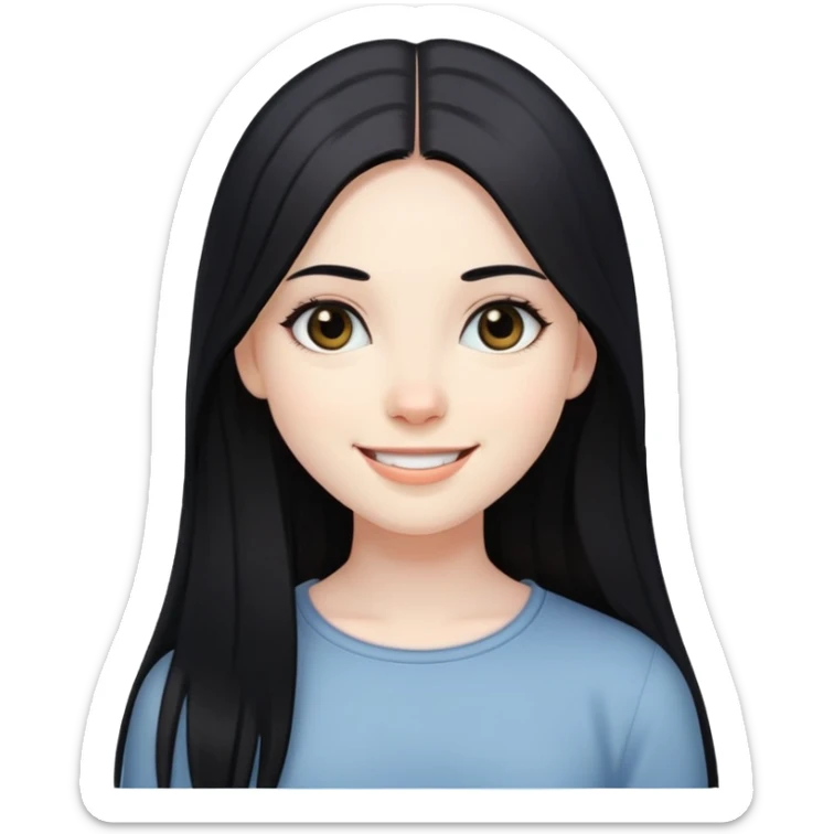 smiling girl with long straight black hair, pale skin, dark eyes sticker