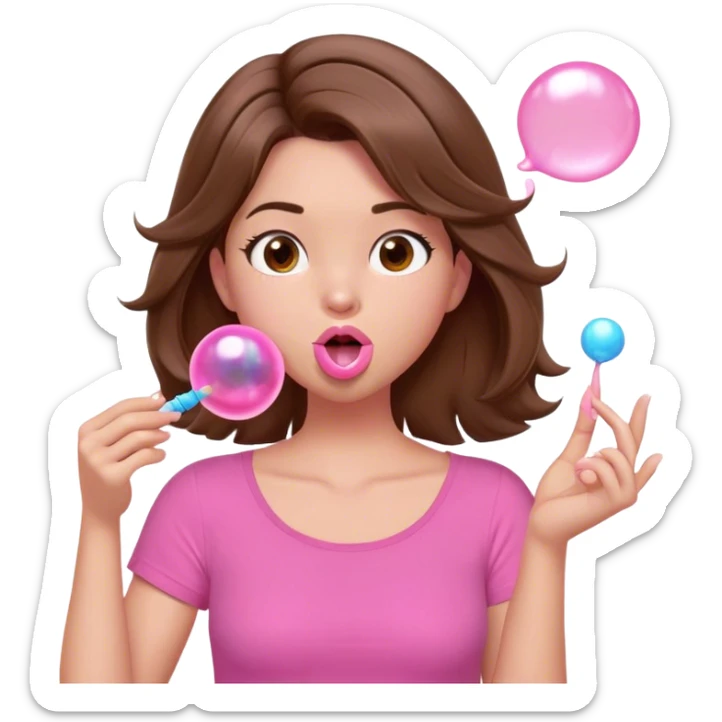 A digital illustration of a cartoon-style woman with shoulder-length brown hair, wearing a pink shirt. She is blowing a pink bubble gum bubble while playfully twirling a strand of her hair with her fingers. Her facial expression is relaxed and carefree. The background is plain white *3d emoji* sticker