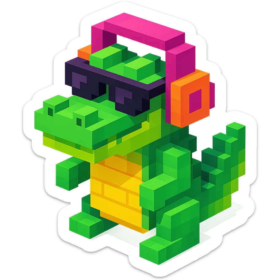 voxel style crocodile with headphones and sunglasses, isometric view sticker