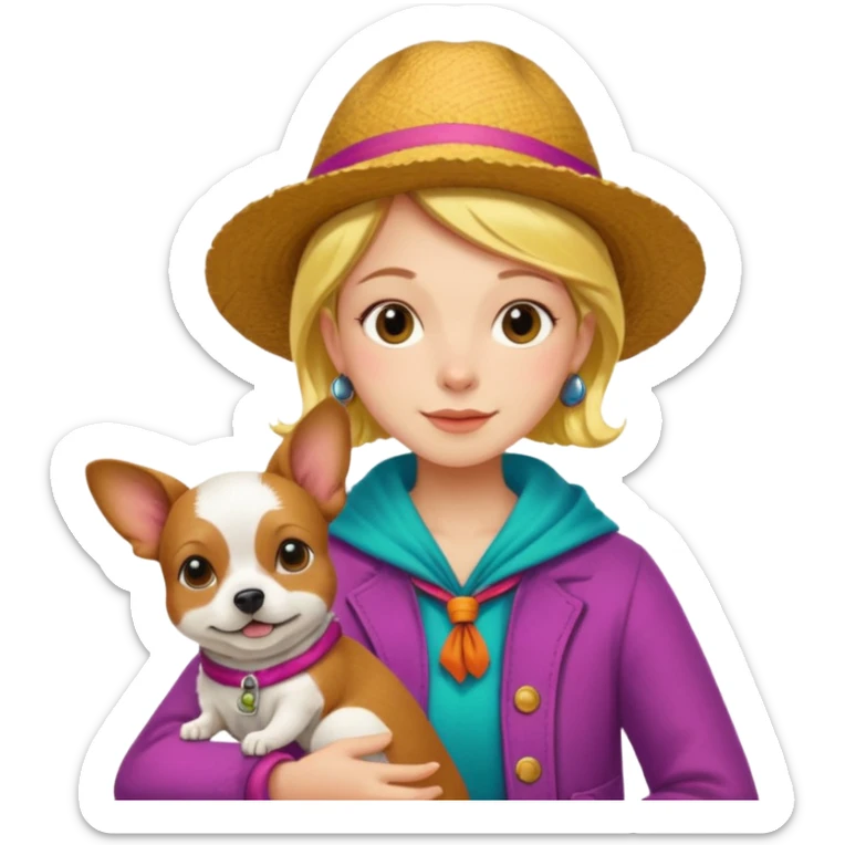 The Fool tarot card emoji inspired by Rider Waite Smith deck, whimsical traveler with small dog, vibrant colors, concise details sticker