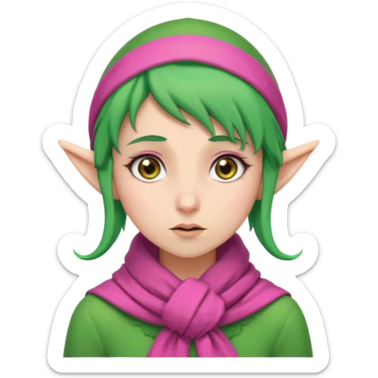 An elf girl with green hair, brown eyes, and a pink scarf who appears to be extremely stressed. sticker