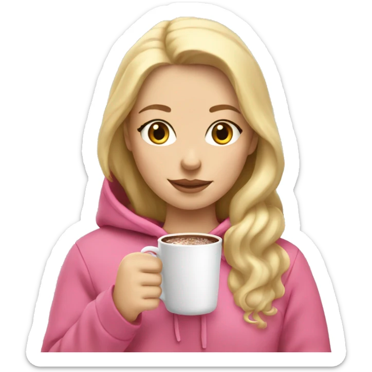 White girl with blonde hair holding hot chocolate in pink hoodie sticker