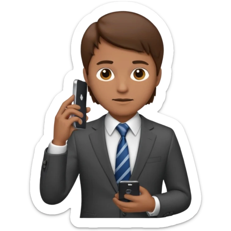 Un hombre de traje con tez media pelo color castaño, vestido con traje camisa y corbata y celular en mano .  sticker