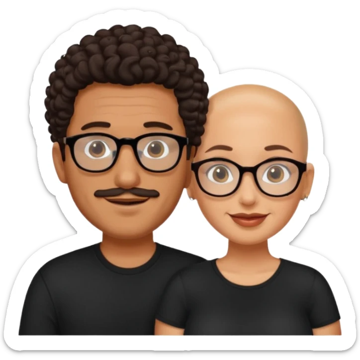 A picture of a happy tanned couple. the man is a Mexican man with tanned skin, a bald hair cut, short beard and wearing a black shirt. the woman is wearing glasses, with long curly dark brown hair and with big boobs  sticker