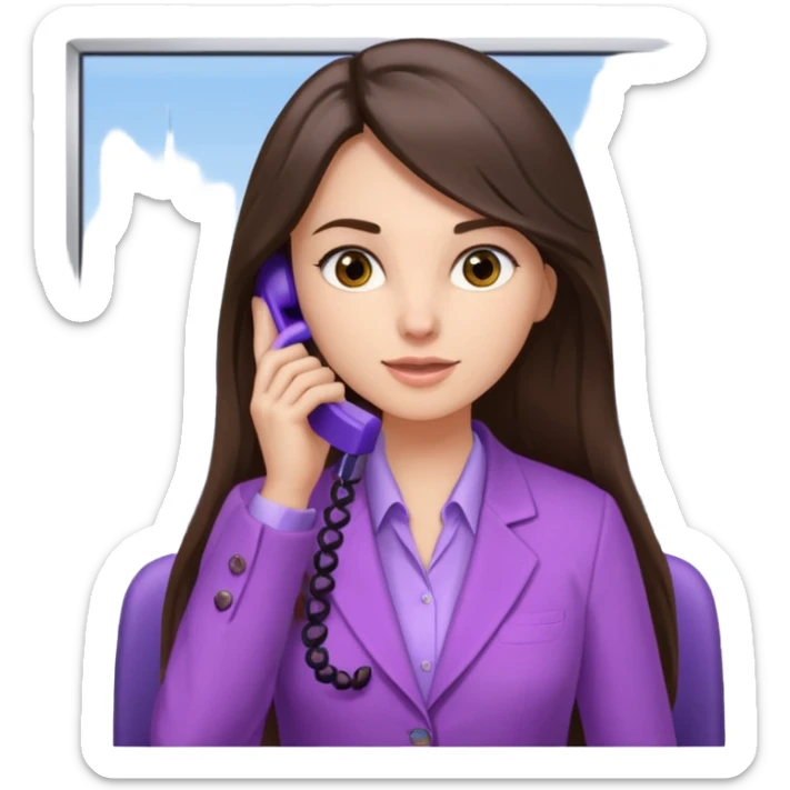 Long brunette hair girl with light purple clothes in an office talking trough a the phone sticker