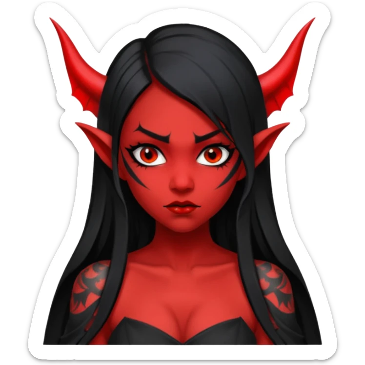 Full red-skin demon girl (entire body red), long black hair, small red horns, pointed ears, single bat wing, black open-back dress, bold tattoo-flash comic linework, red/black/gray, dark background, no text. sticker