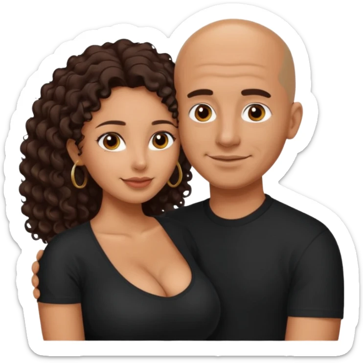 A picture of an embracing tanned couple. the man is a Mexican man with tanned skin, with a bald hair cut, and wearing a black shirt. the woman is mixed, glasses,  with long curly dark brown hair and with big boobs. Remove the glasses from the man sticker