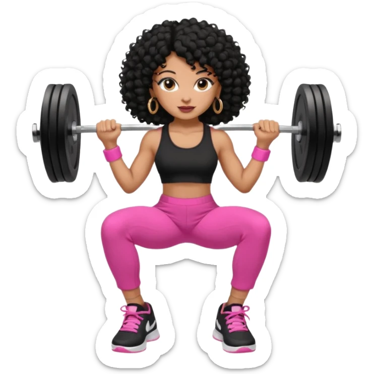 Black woman, adult, 4C black curly hair, dark brown eyes, wearing black top, pink pants, black sneakers, gold hoop earrings levantando peso sticker