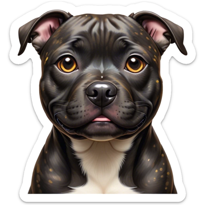 Cinematic Cute Black/Brindle Staffordshire Bull Terrier Portrait Emoji, Head tilted playfully and inquisitively, featuring a glossy Fur with a dynamic mix of black and brindle, round, sparkling dark eyes filled with curiosity, Simplified yet irresistibly adorable features, highly detailed, glowing with a warm, friendly glow, high shine, affectionate and spirited, stylized with a touch of whimsy, bright and endearing, soft glowing outline, capturing the essence of a mischievous yet loving pup, so playful it feels like it could bound out of the screen and into your arms! sticker