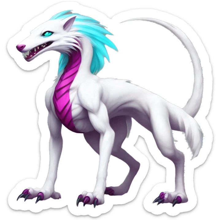White badass elegant wil beautiful natural cute badass epic anthro modern albino sergal-vernid-creature with cyan mane and magenta eyes with cyan edgy stripes, full body sticker