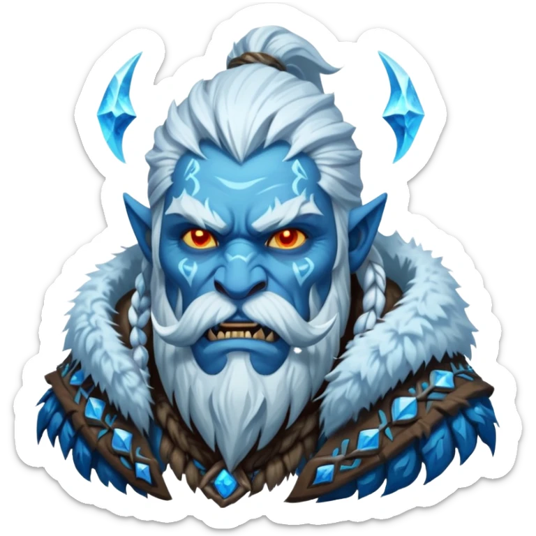 Legendary fantasy orc Christmas portrait icon, Frostfather and Snow Maiden inspired, primal winter god style, massive icy beard, glowing blue eyes, heavy fur coat, tribal frost runes, powerful brutal presence, blizzard atmosphere, clean stylized emoji icon
 sticker