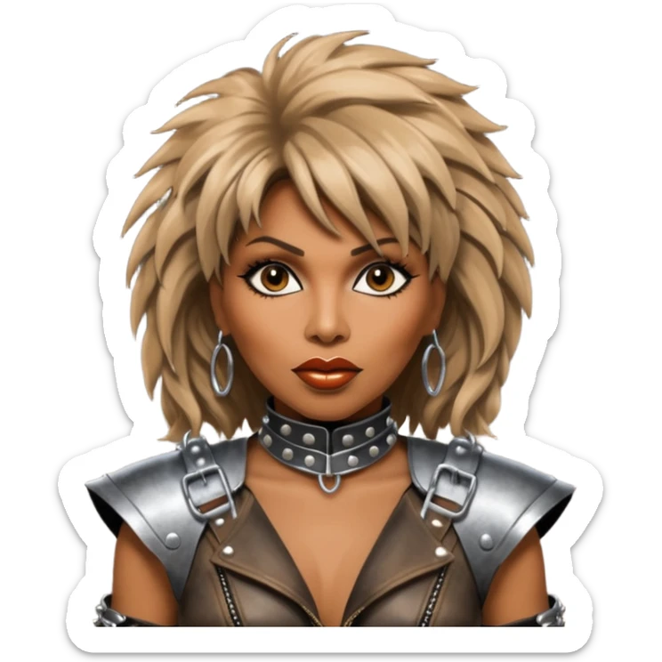 solarpunk ultra HD - portrait of Tina Turner in costume from the movie Mad Max Beyond Thunderdome, dramatic backlit by silver spotlights sticker