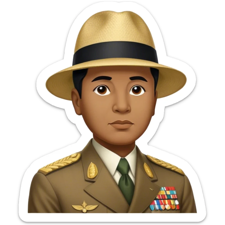 ​Cinematic Realistic Portrait of Sukarno, depicted in a lifelike, realistic style based on his iconic portrait, showcasing his thoughtful, charismatic expression in period attire, rendered with detailed textures and warm, evocative lighting that captures his pioneering spirit and national pride, sticker