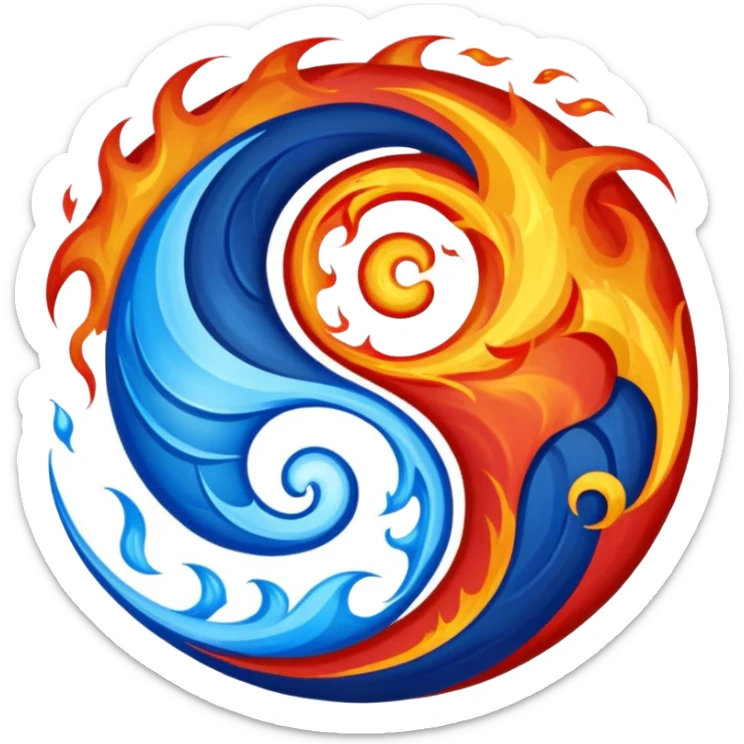 The fire and water emojis are in the form of the yin-yan symbol in front of a completely black background. sticker