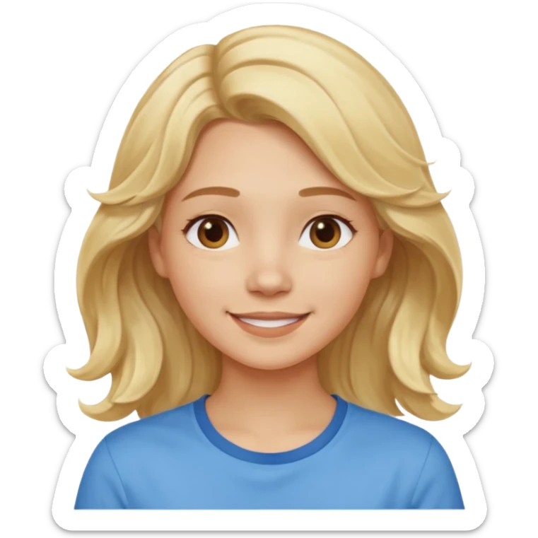 Happy blond girl with light weavy hair with a blue shirt but we can see only her face and neck and the top of the t shirt, no whole body sticker