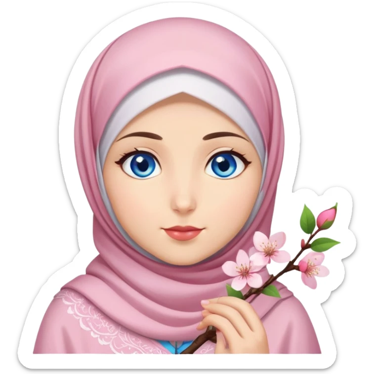 Turkish beautiful finish Konya girl blue eyes with hijab islamic dress and had on her hand cherry blossom sticker