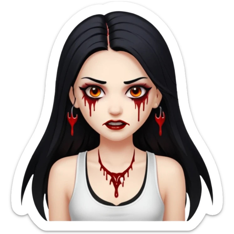 White woman with a white tank top long black hair glossy middle part long hair vamp look with fangs or blood dripping brown eyes eyeliner winged with lashes top and bottom sticker