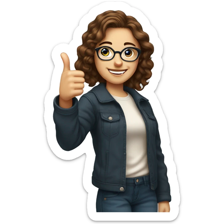 25 year old girl with brown wavy hair and a few light freckles, blue eyes, wearing round glasses, giving a thumbs up sticker